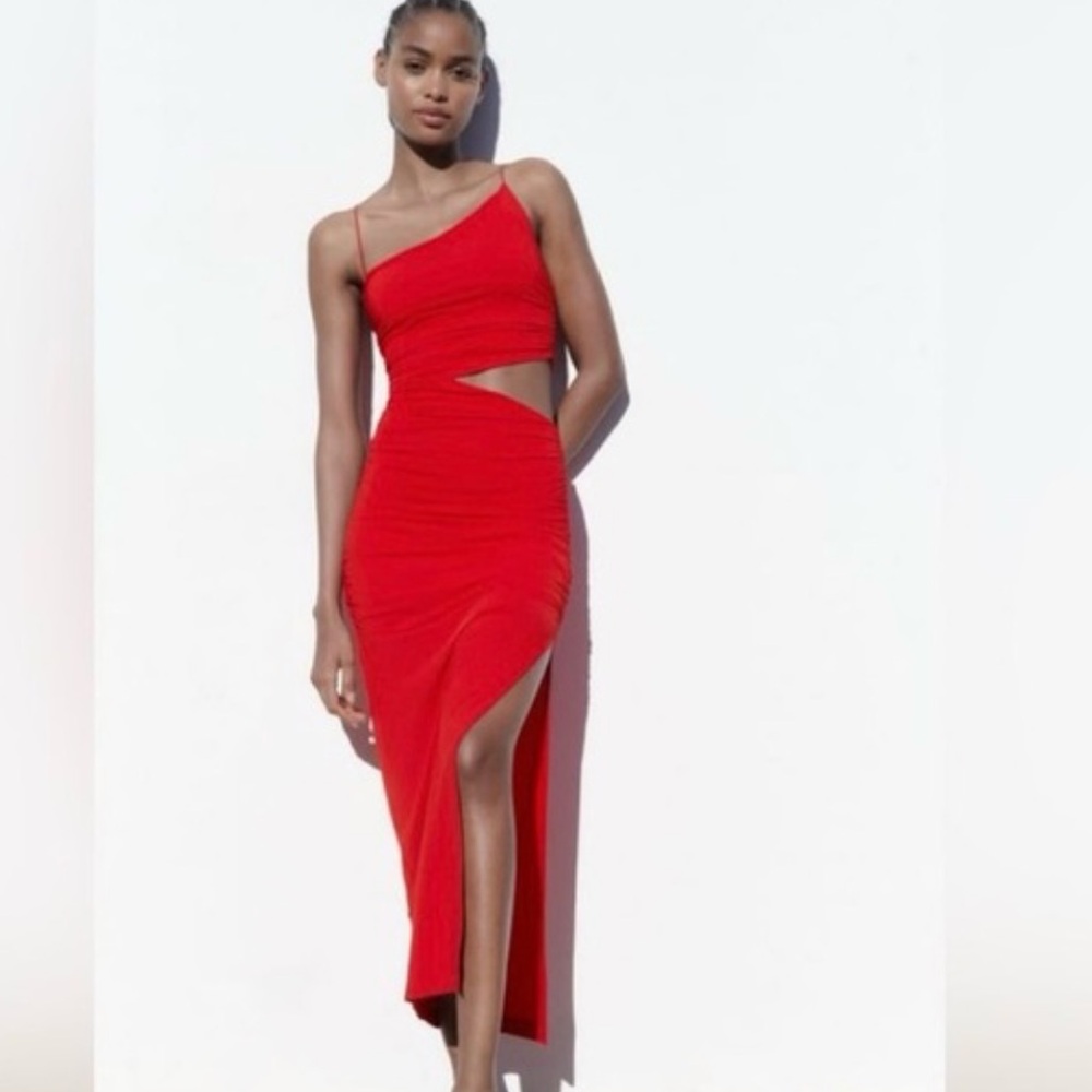 Zara Red Asymmetrical Bodycon Dress with Slit